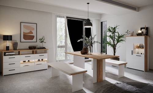 Σετ τραπεζαρίας Moon - Opak White Glossy/Barley Blackwood (180x90x75 / 160x40x84 / 80x40x138)