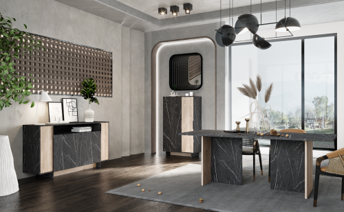 Σετ τραπεζαρίας Rain - Black Pietra Marble/Greige Castello Oak (200x90x75 / 160x40x84 / 80x40x138)