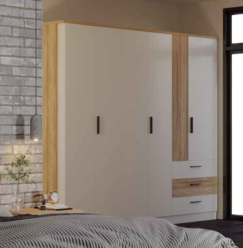 Ντουλάπα 5-φυλλη με 3 συρτάρια Moon - Opak White Glossy/Barley Blackwood (275x60x220)