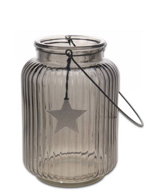 Γυάλινο φανάρι με χερούλι ριγέ σχ., φυμέ χρώμα 25cm CF912