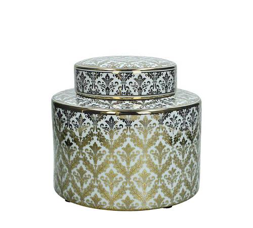 Δοχείο με καπάκι από μαύρη πορσελάνη & επίχρυσο-ασημί σχέδιο 20x18cm WER-6219