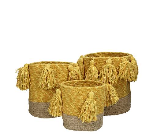 Σετ/3 υφασμάτινα καλάθια με φουντίτσες, κίτρινο χρ.,25x25cm XET-7069