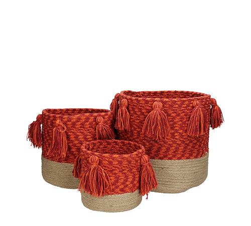 Σετ/3 υφασμάτινα καλάθια με φουντίτσες, κόκκινο χρ.,25x25cm XET-7068