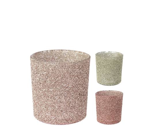 Κηροπήγιο ρεσό, γυάλινο glitter, 3 παστέλ χρ.,8cm GL572