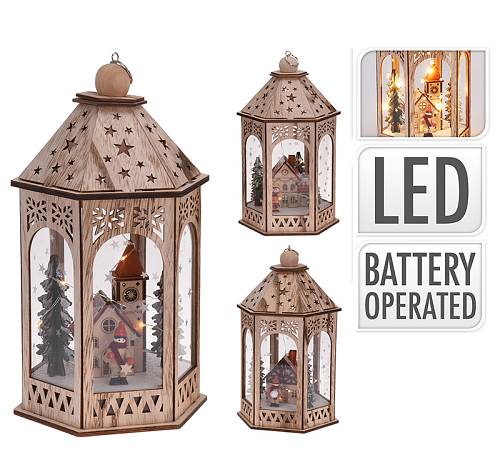 Ξύλινο φανάρι με χριστ/κο ντεκόρ,10Led,31cm XM397