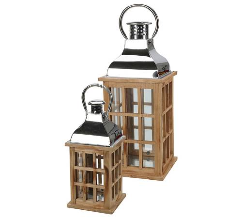 S/2 Ξύλινα φανάρια με καπάκι νίκελ,40/53cm HE301