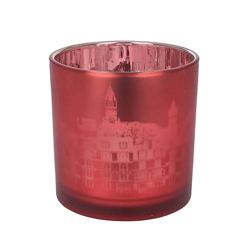 Γυάλινο κηροπήγιο καθρέπτης/κόκκινο με print ,15x15cm CA315