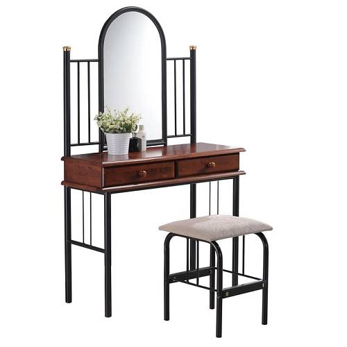 FLORA SET Τουαλέτα με Καθρέπτη + Σκαμπό 2 Συρτάρια, Μέταλλο Βαφή Μαύρο, Ξύλο Καρυδί Ε-00011046 Ε8028