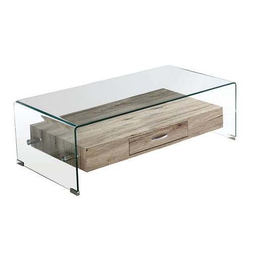 GLASSER Wood Τραπεζάκι Σαλονιού Γυαλί 12mm - Ράφι με Συρτάρι Απόχρωση Δρυς Ε-00018060 ΕΜ738