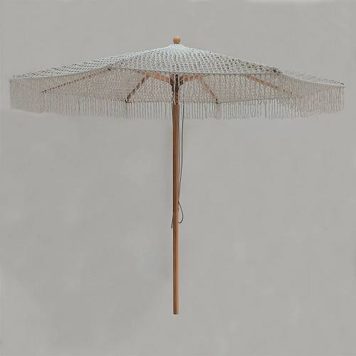 ΟΜΠΡΕΛΑ Ξύλινη - Οξιά 250x250cm, Πλεκτό Μακραμέ Μπεζ Ε-00024576 Ε918,1