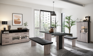 Σετ τραπεζαρίας Moon - Opak White Glossy/Barley Blackwood (180x90x75 / 160x40x84 / 80x40x138)