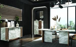 Σετ τραπεζαρίας Rain - Black Pietra Marble/Greige Castello Oak (200x90x75 / 160x40x84 / 80x40x138)