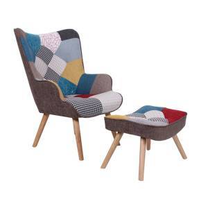MARON Set: Πολυθρόνα Μπερζέρα + Σκαμπώ Υποπόδιο, Ξύλο Φυσικό, Ύφασμα Patchwork Ε-00020407 ΕΜ143,4S