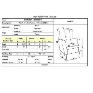 ALMA Πολυθρόνα - Μπερζέρα Σαλονιού - Καθιστικού Καρυδί Ύφασμα Ανοιχτό Μπλε Velure,K/D Ε-00022985 Ε7141,50Κ