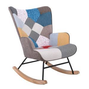 ALMA Rocking Πολυθρόνα Μπερζέρα Καθιστικού, Ύφασμα Patchwork, Βάση Μαύρο-Φυσικό Ε-00024502 Ε7143,4
