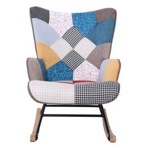 ALMA Rocking Πολυθρόνα Μπερζέρα Καθιστικού, Ύφασμα Patchwork, Βάση Μαύρο-Φυσικό Ε-00024502 Ε7143,4